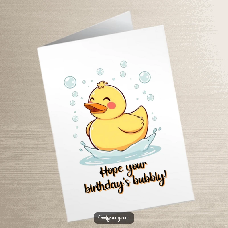 Funny Free Printable Birthday Card: Clumsy rubber duck tripping, scattering bubbles in a playful mess.