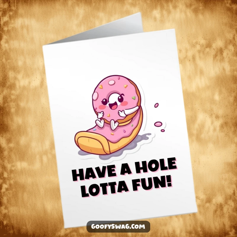 Funny Free Printable Birthday Card: A playful donut slides down a frosting slide, celebrating a happy birthday.