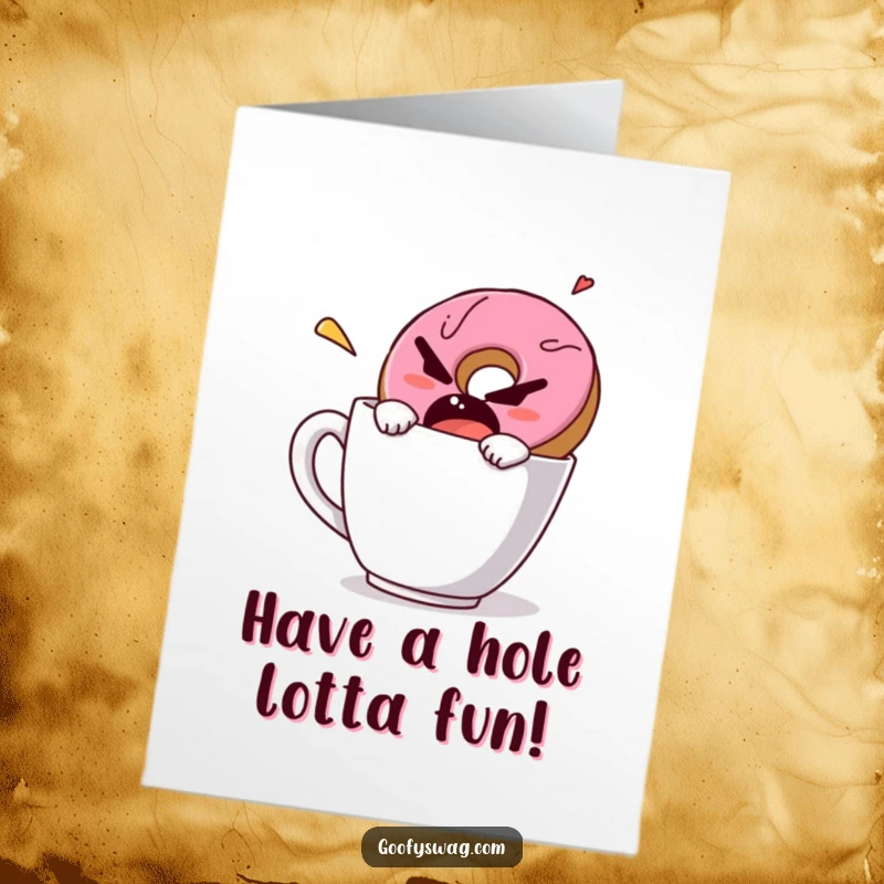 Funny Free Printable Birthday Card: A grumpy donut comically speeding away from a coffee mug, perfect for a humorous birthday wish.