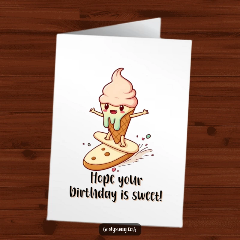 Funny Free Printable Birthday Card: Melting ice cream cone surfing a runaway cookie, a whimsical design for a sweet birthday wish.