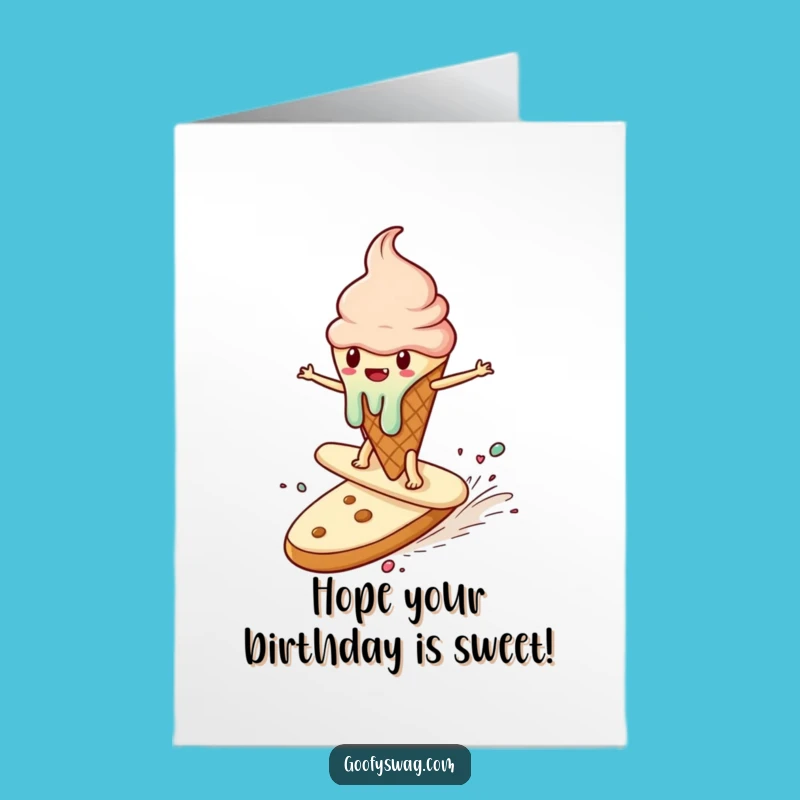 Free Printable Birthday Card: Ice Cream Surfing Cookie, Funny Downloadable Gift for Sweet Celebrations