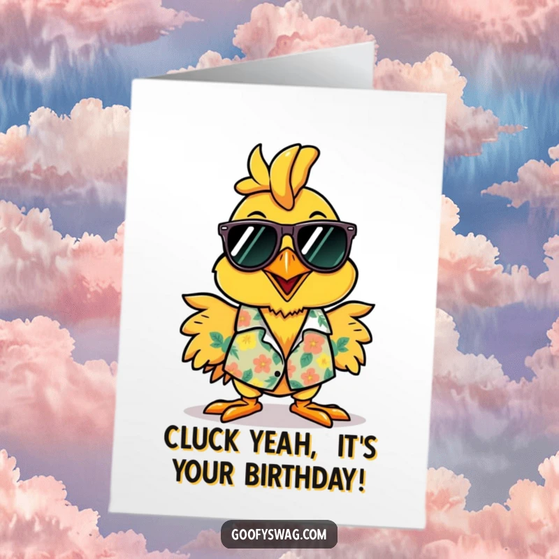 Funny Free Printable Birthday Card: A cheerful rubber chicken rocking sunglasses and a Hawaiian shirt, ready to party.