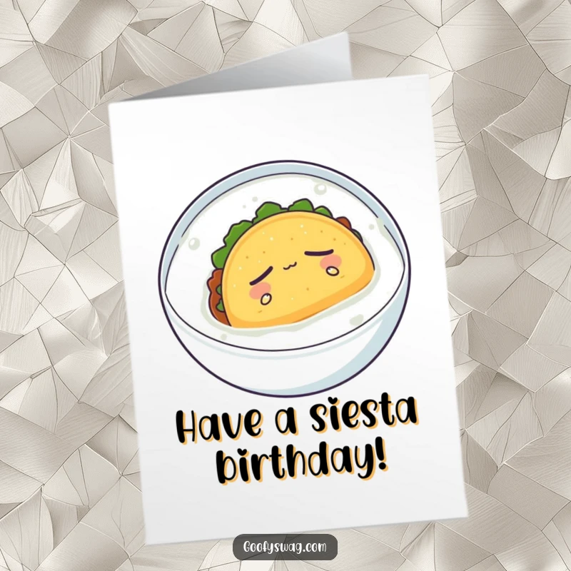Funny Free Printable Birthday Card: A sleepy taco floating peacefully in a bowl of milk, a serene and comical greeting.