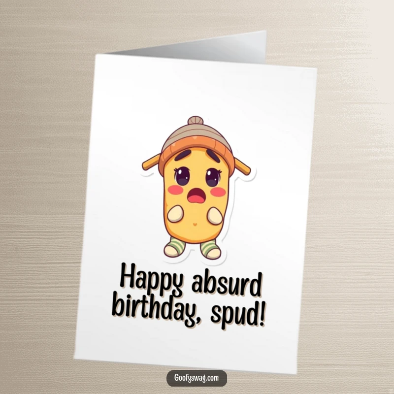 Funny Free Printable Birthday Card: A surprised potato sports mismatched socks and a propeller beanie.