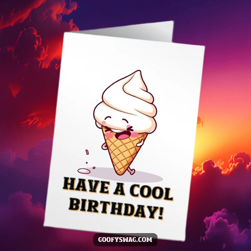 Funny Free Printable Birthday Card: Clumsy ice cream cone trips over a sprinkle, delightful downloadable mishap.