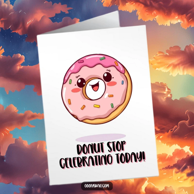 Funny Free Printable Birthday Card: Wobbly jelly doughnut comically balancing precariously on a single bite.