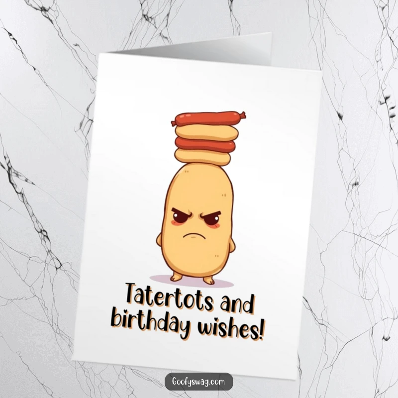 Funny Free Printable Birthday Card: A grumpy potato comically balancing a tall stack of hot dogs on its head.