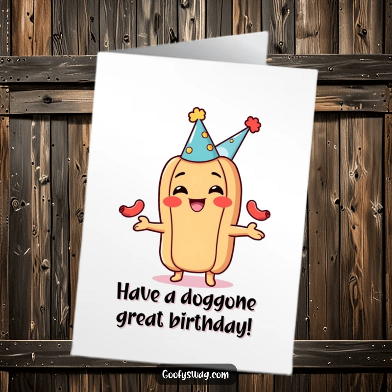 Funny Free Printable Birthday Card: A grinning hot dog in a party hat, expertly juggling smaller sausages.
