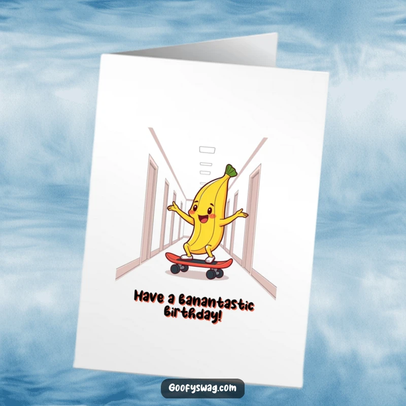 Funny Free Printable Birthday Card: A delighted banana peel confidently skateboarding down a hallway, ready for a fun-filled birthday.