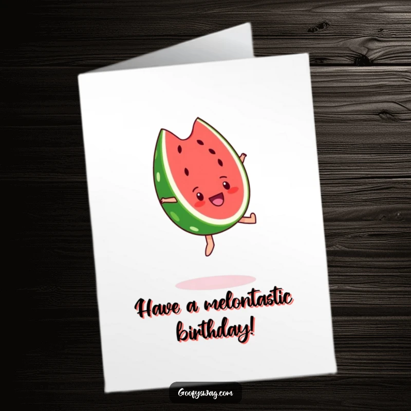 Funny Free Printable Birthday Card: A gleeful watermelon slice performing an energetic backflip with a huge smile.