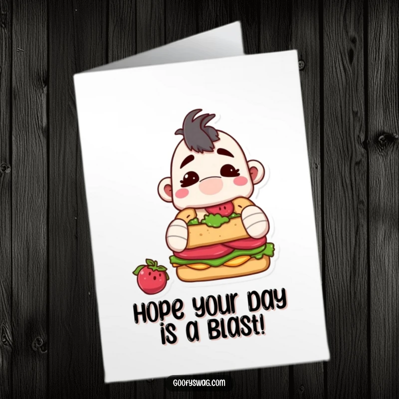 Funny free printable birthday card: a mischievous sock puppet attempting to devour an entire sandwich, ready for a party.