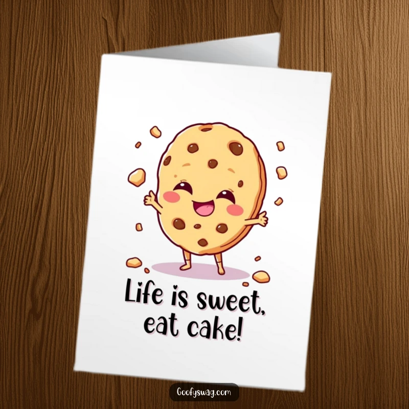 Funny Free Printable Birthday Card: Giggling cookie juggles crumbs mischievously, a sweet and playful downloadable message.