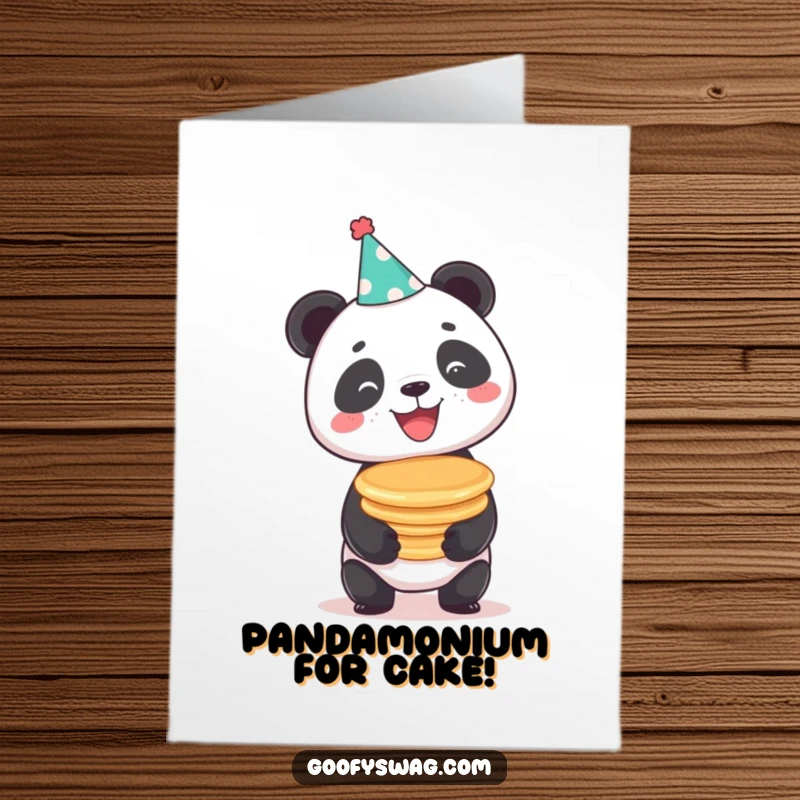 Funny Free Printable Birthday Card: Beaming panda in party hat balances pancakes, cartoon humor, birthday celebration, DIY download.