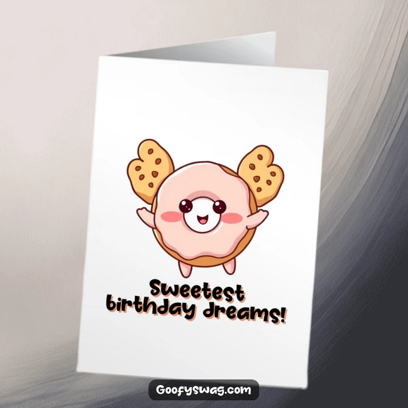 Funny Free Printable Birthday Card: A blushing donut attempting to fly using two oversized cookie wings, looking determined.