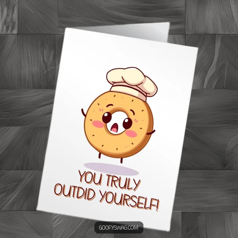 Funny Free Printable Congratulations Card: Surprised bagel wearing a tiny chef hat attempts a clumsy flip.