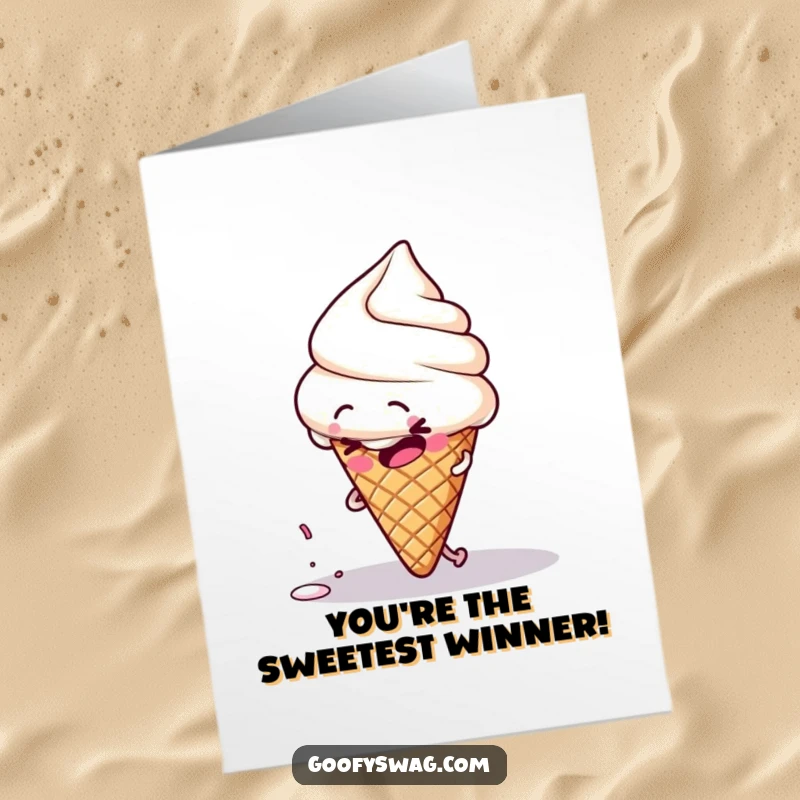 Funny Free Printable Congratulations Card: Clumsy ice cream cone trips on a sprinkle, a humorous symbol of achievement, downloadable.