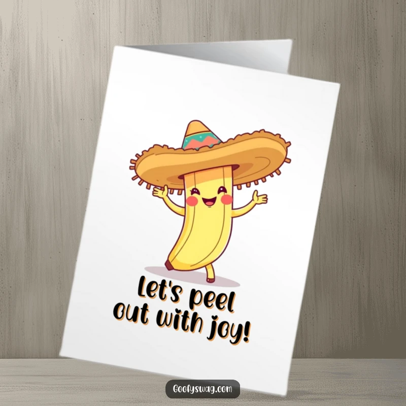Funny Free Printable Congratulations Card, a banana peel wearing a sombrero, performing a lively cha-cha dance, full of fun.