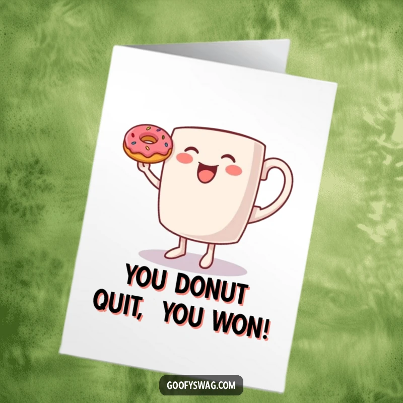 Funny Free Printable Congratulations Card: A dancing coffee mug expertly balancing a small donut on its rim.