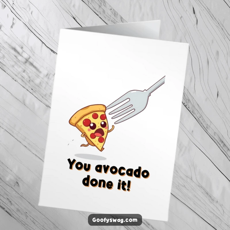Free Printable Congratulations Card: A startled pizza slice making a mad dash from a giant fork, perfect for celebrating achievements.