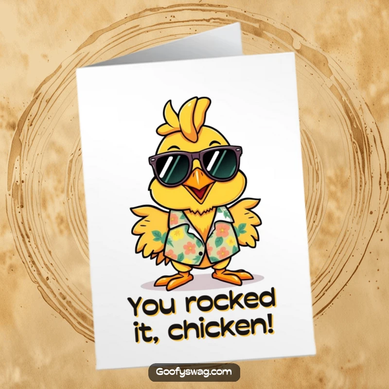 Funny Free Printable Congratulations Card: A rubber chicken in shades and a Hawaiian shirt, celebrating with flair.
