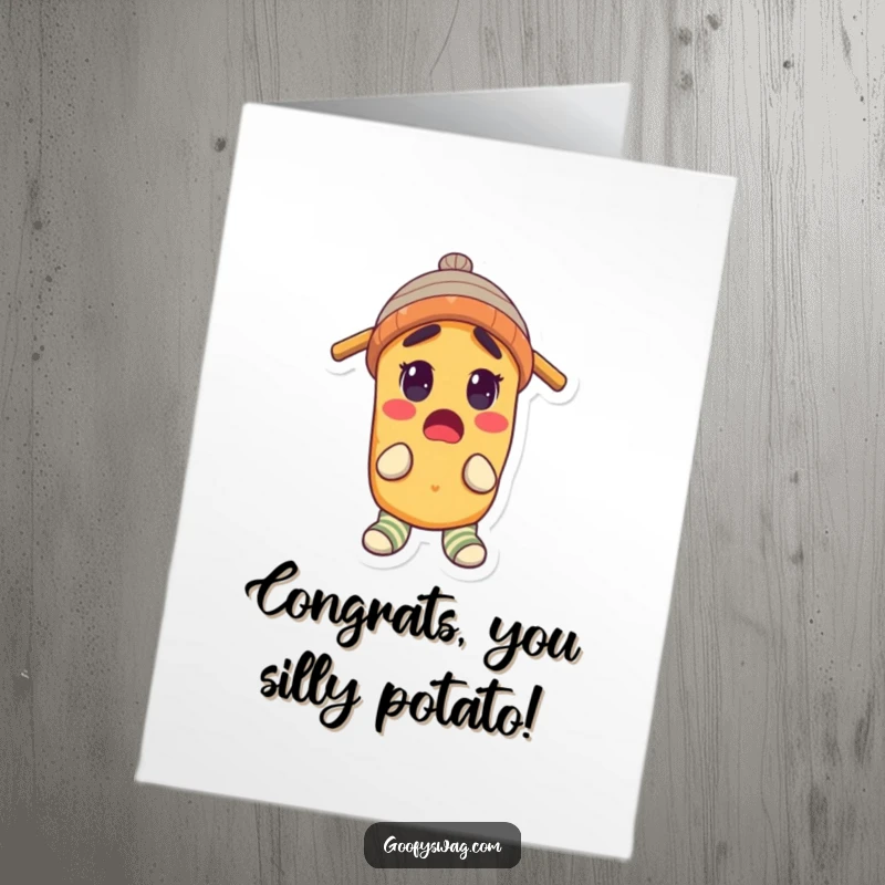 Funny Free Printable Congratulations Card: A surprised potato wearing a propeller beanie and mismatched socks.