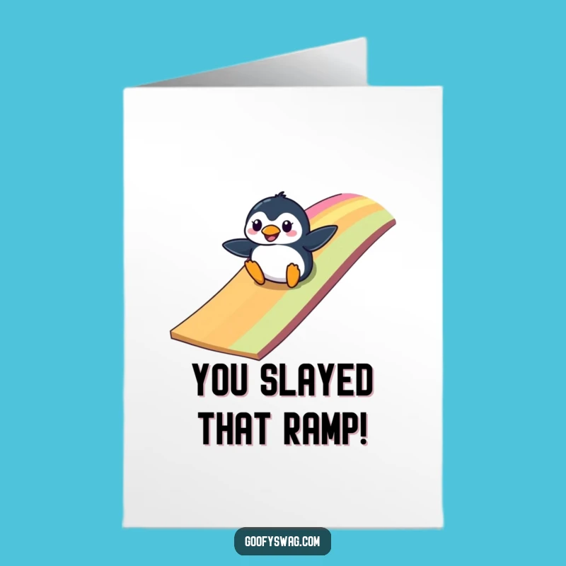 Free Printable Congratulations Card: Penguin Rainbow Ramp Surprise - Funny DIY Downloadable Gift