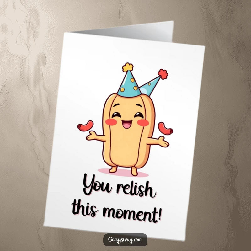 Funny Free Printable Congrats Card: A grinning hot dog wearing a party hat, juggling tiny sausages in celebration.