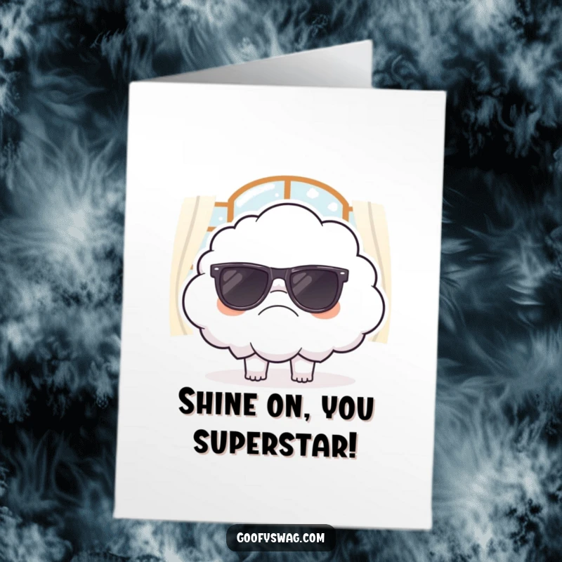 Funny Free Printable Congratulations Card, a grumpy cloud attempting to wear sunglasses inside, with a comically unimpressed expression.