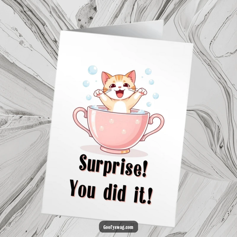 Funny Free Printable Congratulations Card: Startled cat explodes from a bubbly teacup, celebrating success, cartoon style, DIY download.