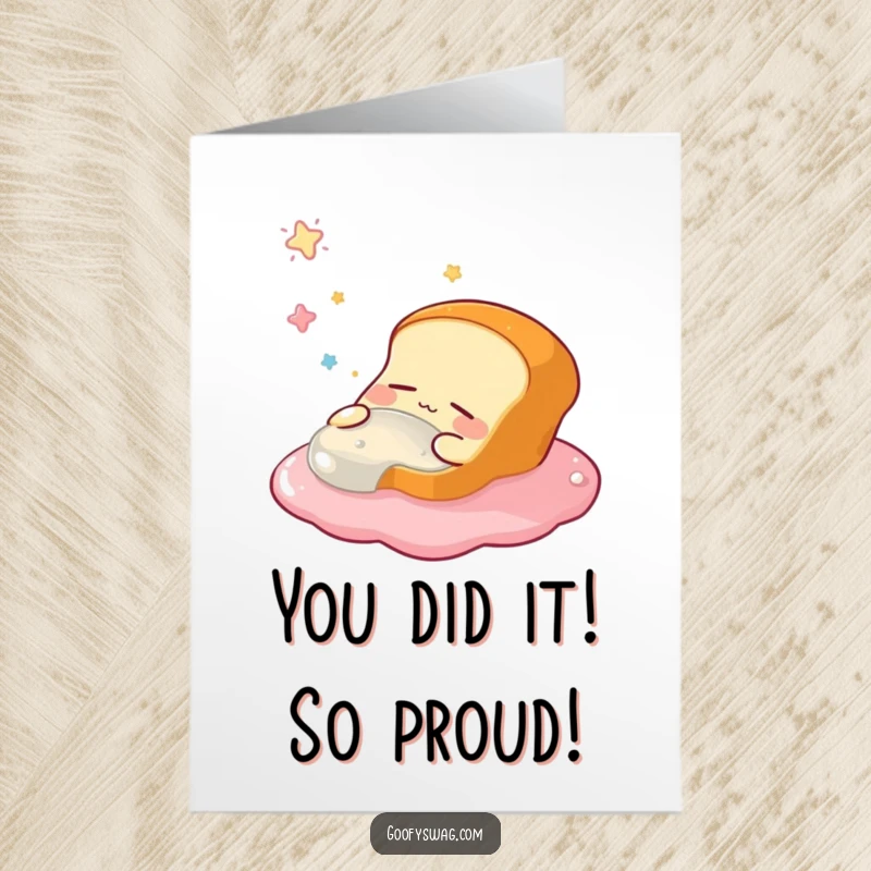 Free Printable congratulations card with a sleepy bread loaf dreaming of swimming in a giant jelly pool. A unique funny greeting.