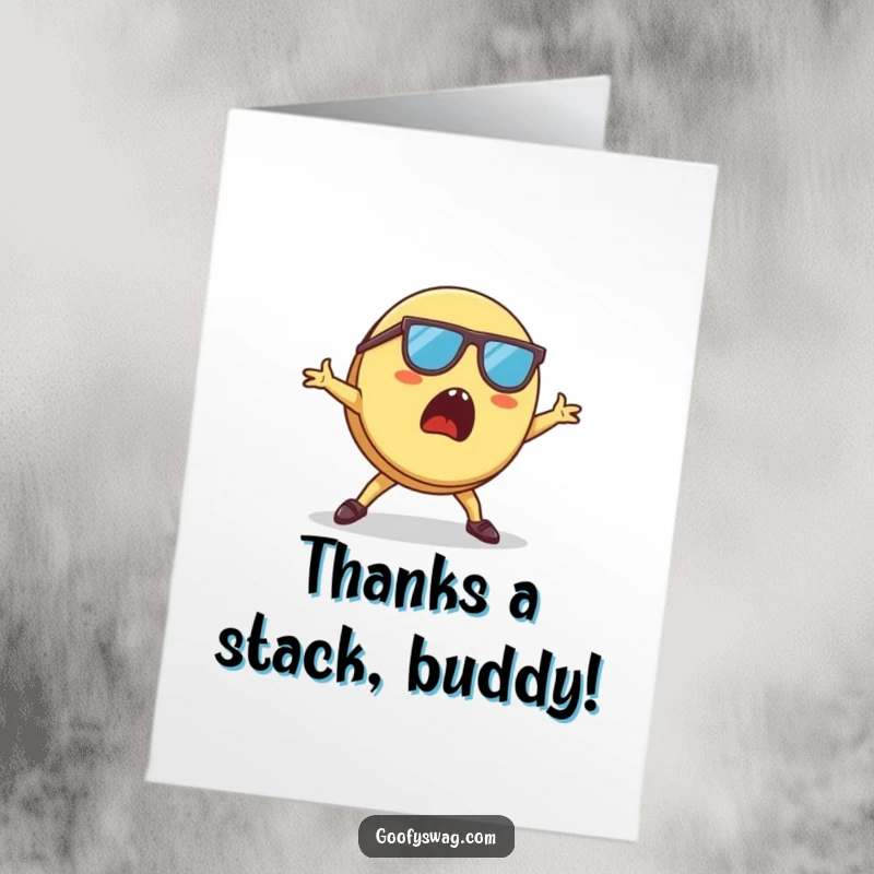 Funny Free Printable Thank You Card: A surprised pancake with tiny sunglasses breakdancing, expressing thanks with flair.