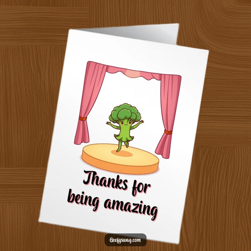 Funny Free Printable Thank You Card: Dancing broccoli performing a dramatic pirouette with flair.