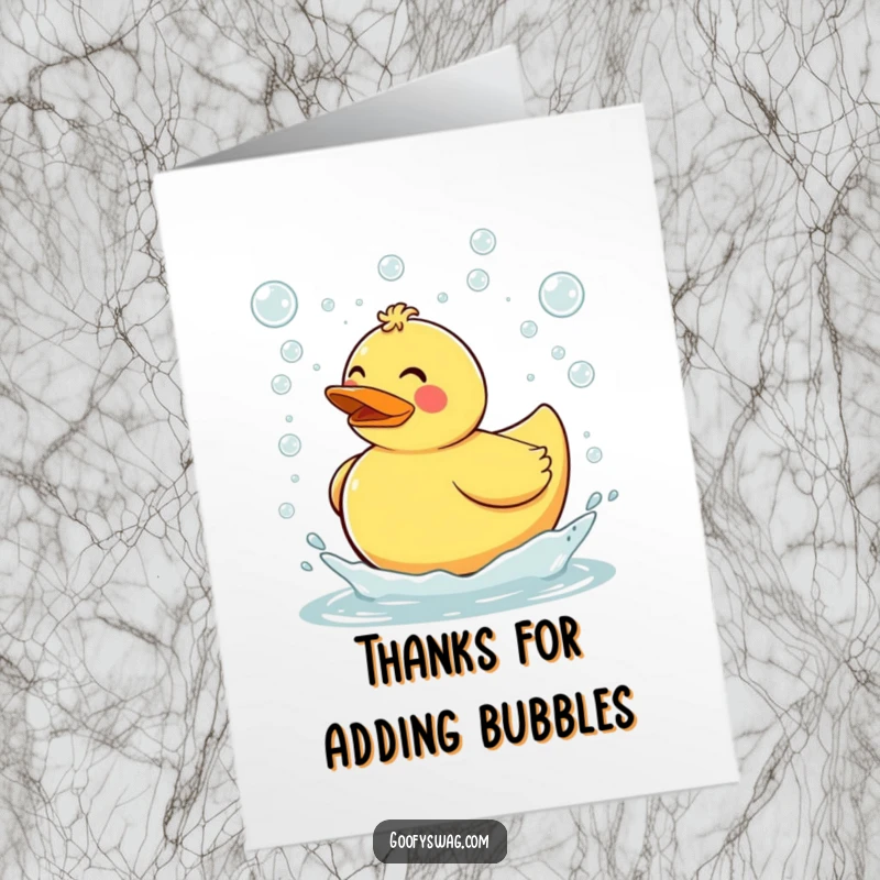 Funny Free Printable Thank You Card: Clumsy rubber duck tripping, causing a delightful bubble explosion.