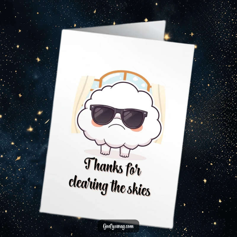 Funny Free Printable Thank You Card, a grumpy cloud with sunglasses indoors, humorously conveying thanks with a reluctant sigh.
