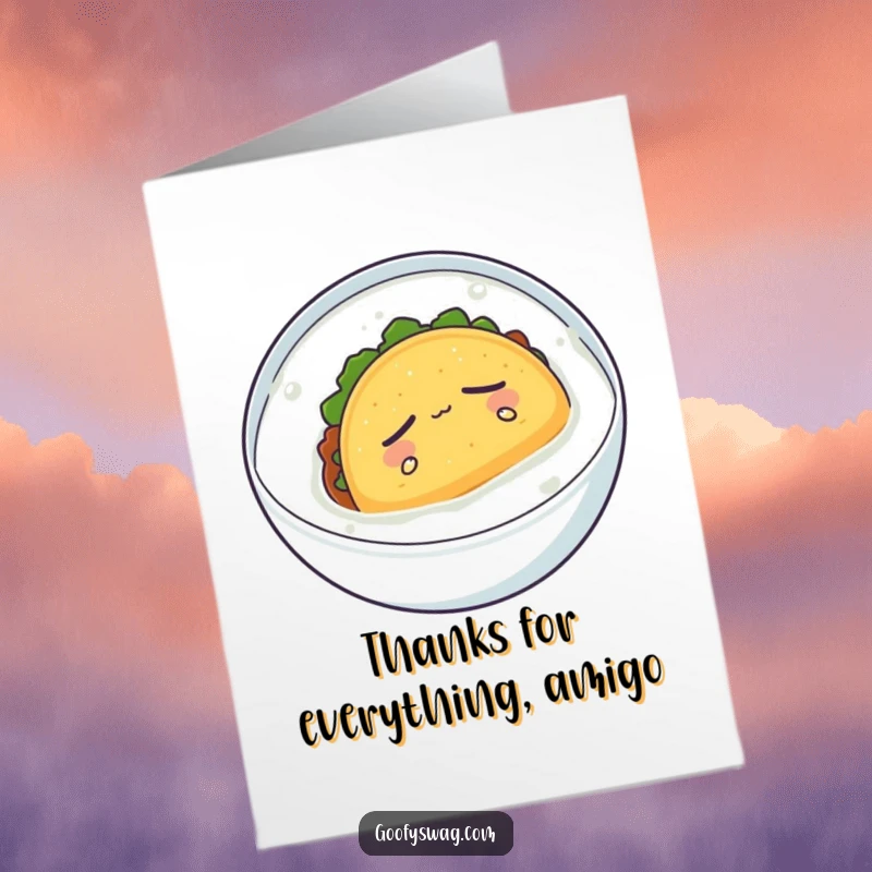 Funny Free Printable Thank You Card: A sleepy taco drifting in milk, offering a moment of calm thanks, downloadable.