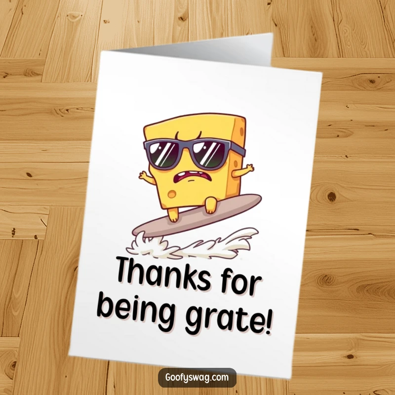 Funny Free Printable Thank You Card: Grumpy cheese in sunglasses attempts to surf a cracker, saying thanks.