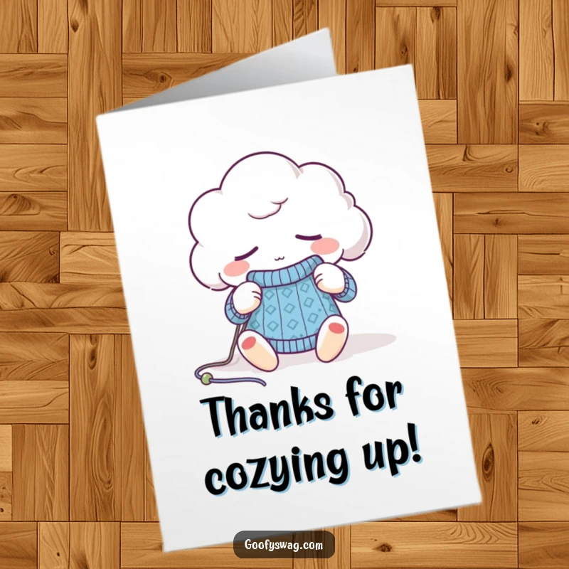 Funny Free Printable Thank You Card: A sleepy cloud knitting a tiny sweater, a gesture of thanks.