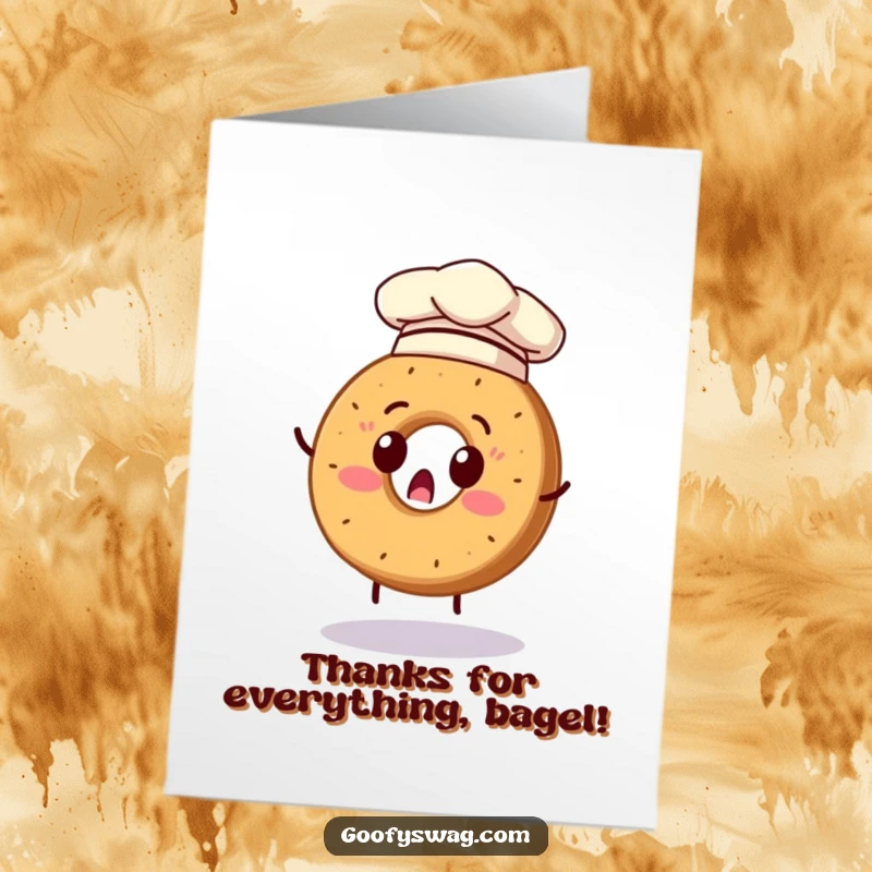Funny Free Printable Thank You Card: Bagel in a chef hat attempts a clumsy flip, saying thanks.