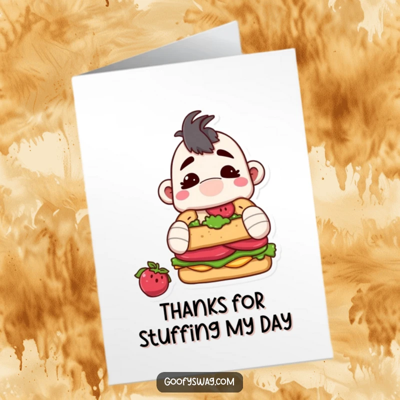 Funny free printable thank you card: a sock puppet with a fork and knife preparing to eat a giant sandwich, saying thanks.