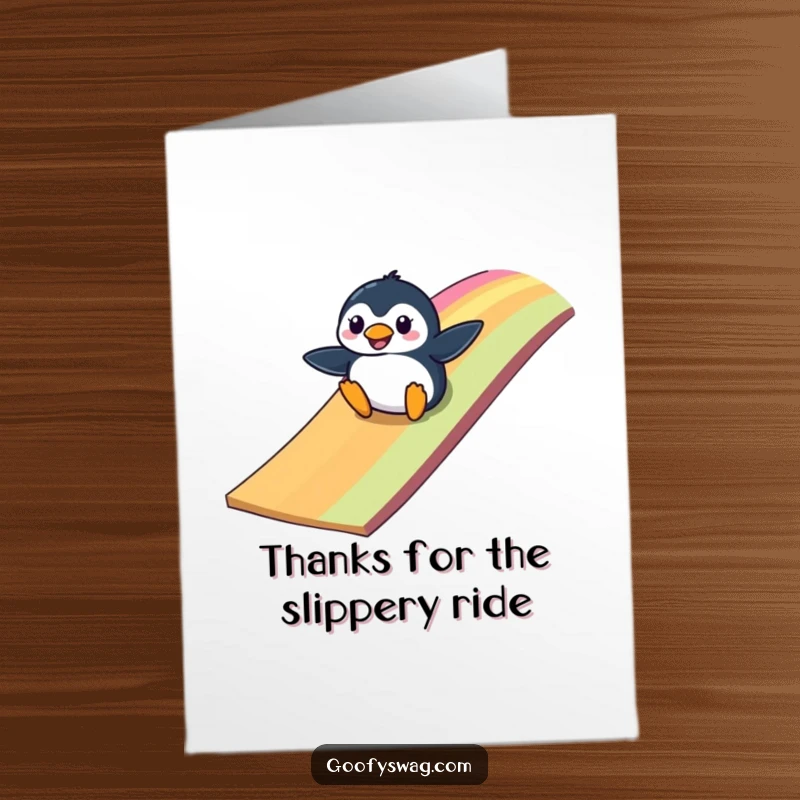 Funny Free Printable Thank You Card: Clumsy penguin slides down a rainbow ramp, cartoon humor, expressing thanks, DIY download.