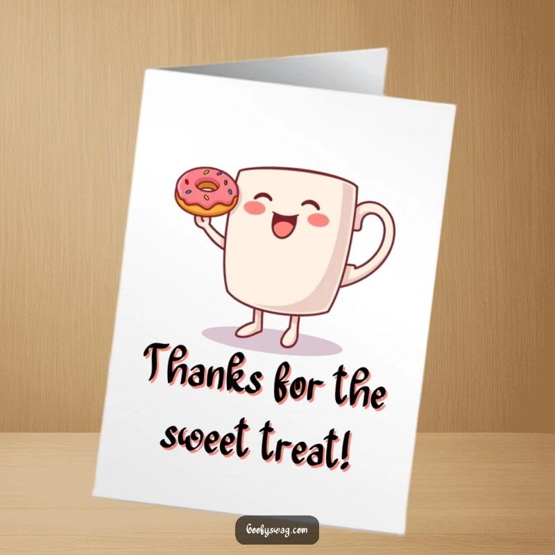 Funny Free Printable Thank You Card: A dancing coffee mug balancing a tiny donut on its rim to say thanks.