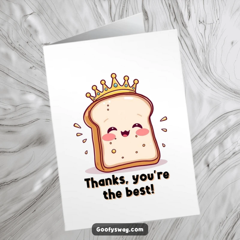 Funny Free Printable Thank You Card: Happy toast in a crown dramatically sneezes crumbs, saying thanks.