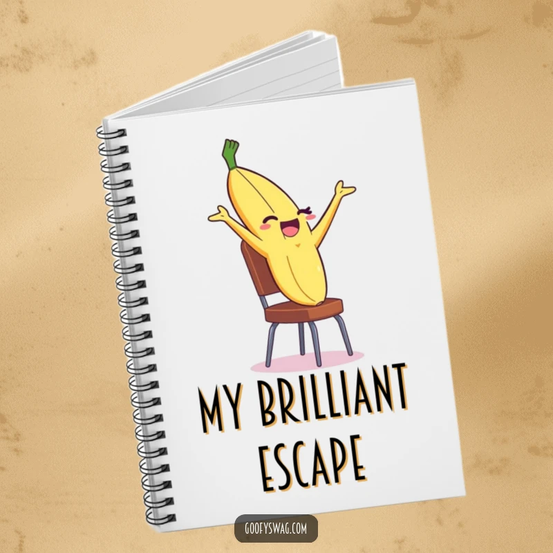 Funny Banana Peel Notebook with a winking peel backflipping off a chair, for notes and creative plans.