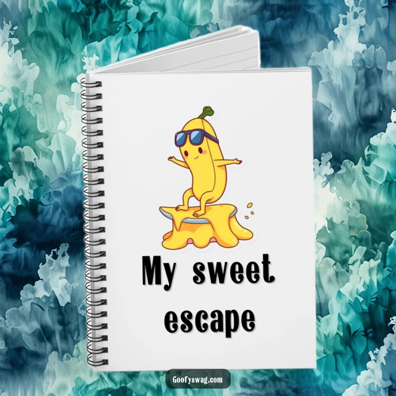 Funny happy banana character surfing a melting ice cream cone on a ruled notebook for notes.