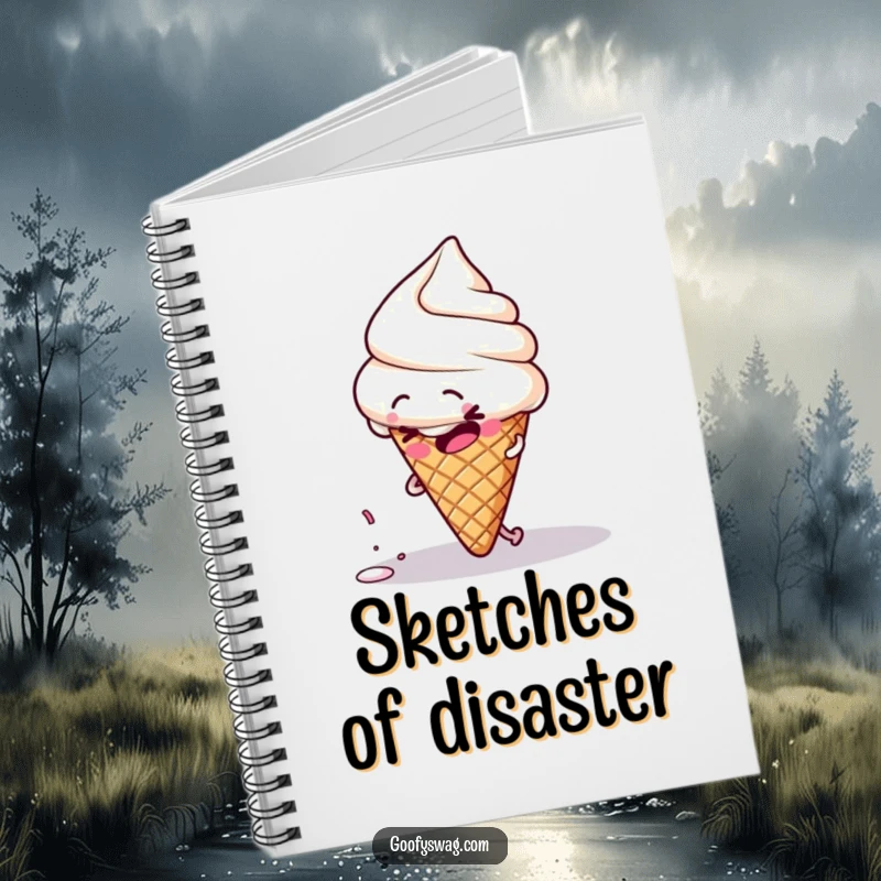 Funny clumsy ice cream cone character tripping over its own sprinkle, on the cover of a humorous notebook.