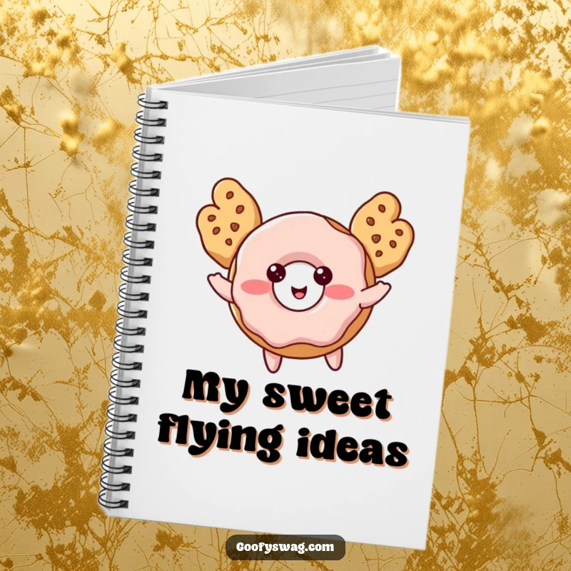 Funny Donut Notebook with a blushing donut and cookie wings attempting flight, for notes and doodles.