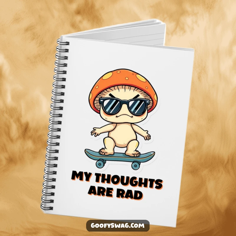Funny notebook with a grumpy mushroom wearing sunglasses, riding a skateboard, perfect for jotting down notes with a cool and humorous touch.