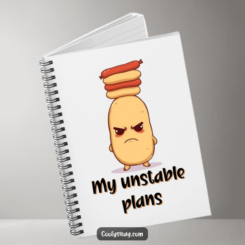 Funny grumpy potato notebook, depicting a potato balancing hot dogs on its head. Ideal for journaling and note-taking with a humorous twist.