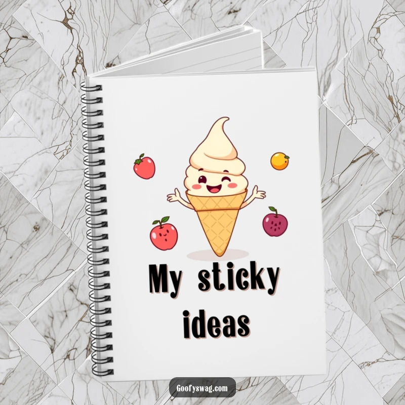 Funny ice cream cone grinning and juggling small fruits, a notebook cover design that brings sweetness and humor to your writing and planning.