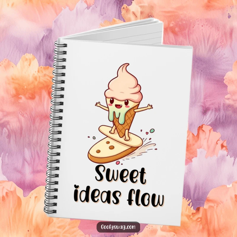 Funny notebook cover featuring a melting ice cream cone surfing a runaway cookie, ideal for journaling sweet thoughts and plans.